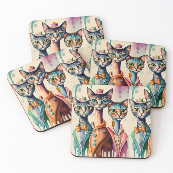Item preview, a caricature of a group of Cats in vivid watercolors, dripping with exaggeratedly long necks. fading edges to white page., painting, fashion, illustration, vibrant, conceptual art designed and sold by gulka8.