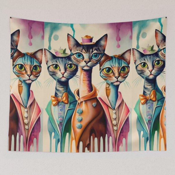 Item preview, a caricature of a group of Cats in vivid watercolors, dripping with exaggeratedly long necks. fading edges to white page., painting, fashion, illustration, vibrant, conceptual art designed and sold by gulka8.