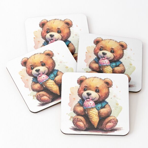 Item preview, A cheerful teddy bear carrying ice cream in his hand, made with watercolor pen and ink. Living room elements., 3D rendering, children's plush, graphic, illustration with a bear designed and sold by gulka8.