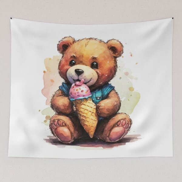 Item preview, A cheerful teddy bear carrying ice cream in his hand, made with watercolor pen and ink. Living room elements., 3D rendering, children's plush, graphic, illustration with a bear designed and sold by gulka8.