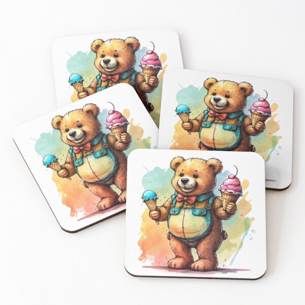 Item preview, A cheerful teddy bear carrying ice cream in his hand, made with watercolor pen and ink. Living room elements., 3D rendering, children's plush, graphic, illustration with a bear designed and sold by gulka8.