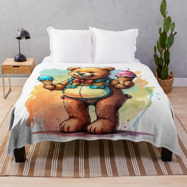 Item preview, A cheerful teddy bear carrying ice cream in his hand, made with watercolor pen and ink. Living room elements., 3D rendering, children's plush, graphic, illustration with a bear designed and sold by gulka8.