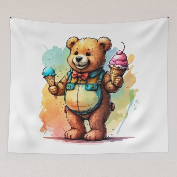 Item preview, A cheerful teddy bear carrying ice cream in his hand, made with watercolor pen and ink. Living room elements., 3D rendering, children's plush, graphic, illustration with a bear designed and sold by gulka8.