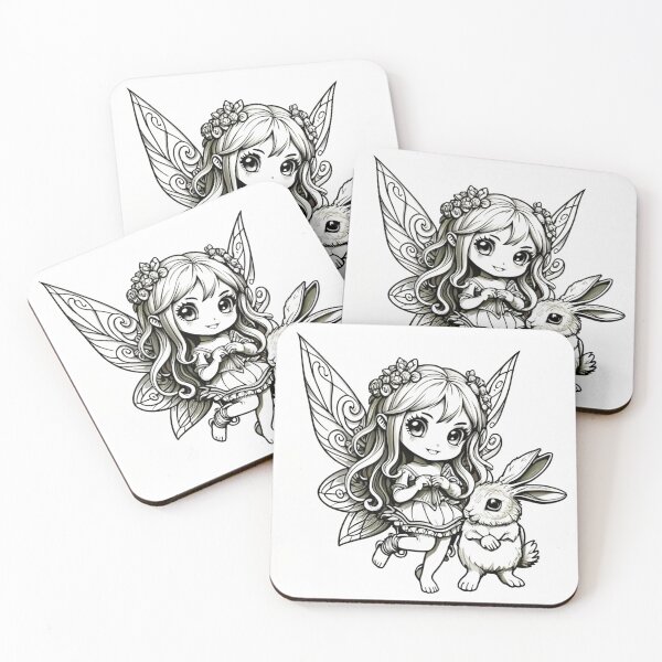 Item preview, Coloring pages, black ink line work, vector image! Chibi Fairy with her fluffy rabbit friend!, conceptual art, 3d render, cinematic, dark fantasy designed and sold by gulka8.
