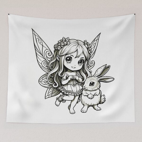 Item preview, Coloring pages, black ink line work, vector image! Chibi Fairy with her fluffy rabbit friend!, conceptual art, 3d render, cinematic, dark fantasy designed and sold by gulka8.