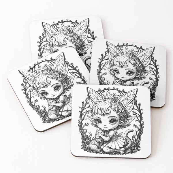 Item preview, Coloring pages, working with black ink, vector graphics! Chibi Fairy with her fluffy cat! Zentangle! Theme, conceptual art, 3D rendering, cinema, dark fantasy designed and sold by gulka8.