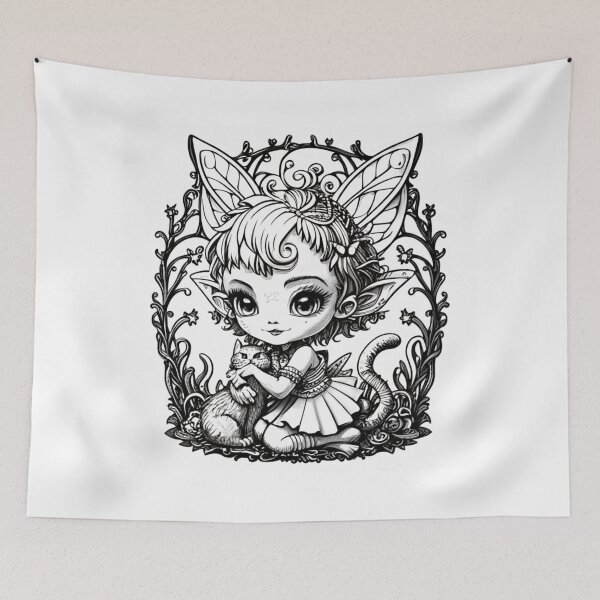 Item preview, Coloring pages, working with black ink, vector graphics! Chibi Fairy with her fluffy cat! Zentangle! Theme, conceptual art, 3D rendering, cinema, dark fantasy designed and sold by gulka8.