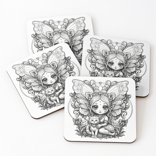 Item preview, Coloring pages, working with black ink, vector graphics! Chibi Fairy with her fluffy cat! Zentangle! Theme, conceptual art, 3D rendering, cinema, dark fantasy designed and sold by gulka8.