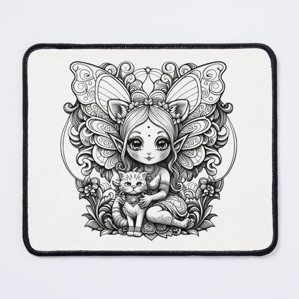 Item preview, Coloring pages, working with black ink, vector graphics! Chibi Fairy with her fluffy cat! Zentangle! Theme, conceptual art, 3D rendering, cinema, dark fantasy designed and sold by gulka8.