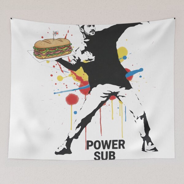 Item preview, Street Art Subversion: Masked Figure Throwing a Sub Sandwich Graffiti designed and sold by zoughlal.