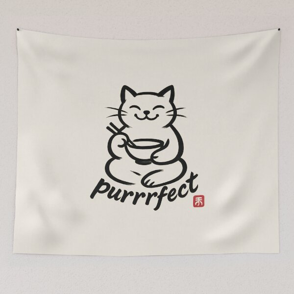 Aperçu de l'œuvre Chat Sumi-e Purrrfect — Art minimaliste à l'encre japonaise (Bol et baguettes) créée et vendue par shmupod.