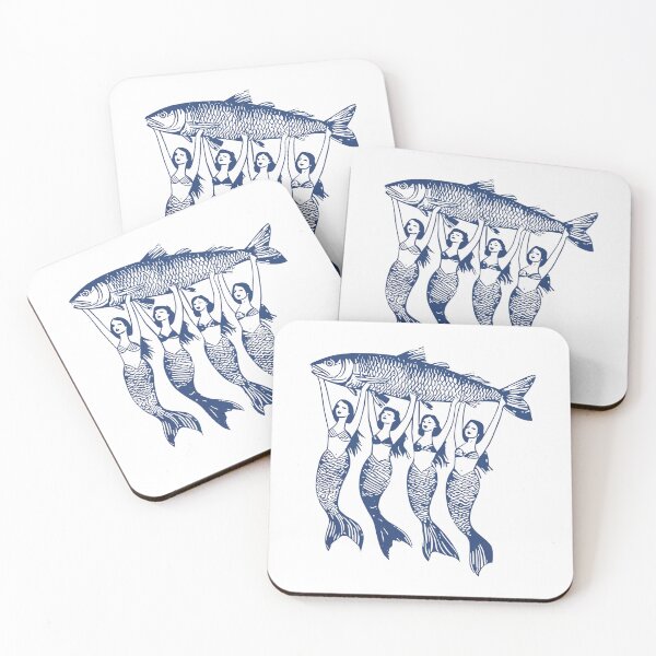 Item preview, Vintage Mermaids Lifting Giant Fish — Blue Mythology Woodcut Style Art designed and sold by Colorful-Garden.