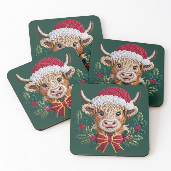 Item preview, Faux Latch Hook Christmas Highland Cow in Wreath – Santa Hat Farm Animal Holiday Design designed and sold by SkyTastic.