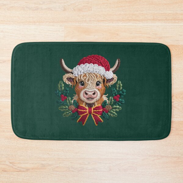 Item preview, Faux Latch Hook Christmas Highland Cow in Wreath – Santa Hat Farm Animal Holiday Design designed and sold by SkyTastic.