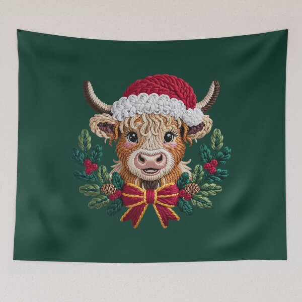 Item preview, Faux Latch Hook Christmas Highland Cow in Wreath – Santa Hat Farm Animal Holiday Design designed and sold by SkyTastic.