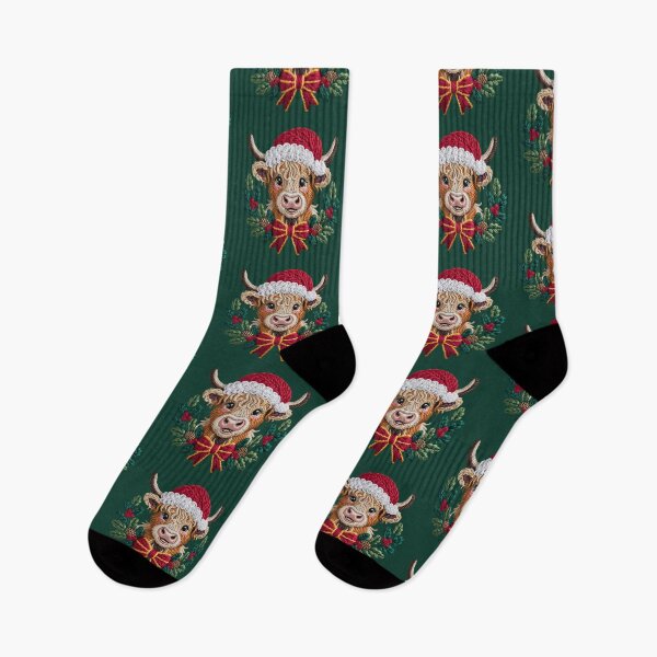 Item preview, Faux Latch Hook Christmas Highland Cow in Wreath – Santa Hat Farm Animal Holiday Design designed and sold by SkyTastic.