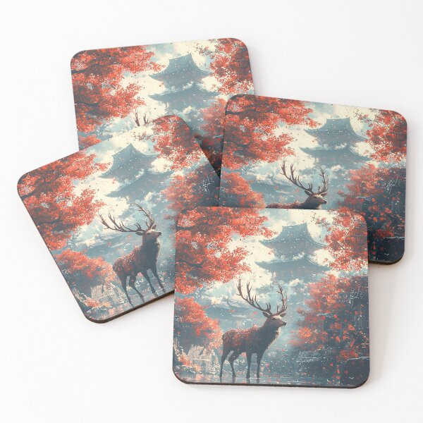 Item preview, Red Autumn Japanese Forest Stag | Mystical Temple Zen Nature Art designed and sold by MetroEnvision.