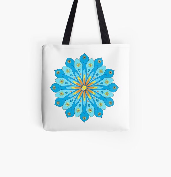 Mandala fleurs bleu, jaune, orange Tote bag doublé