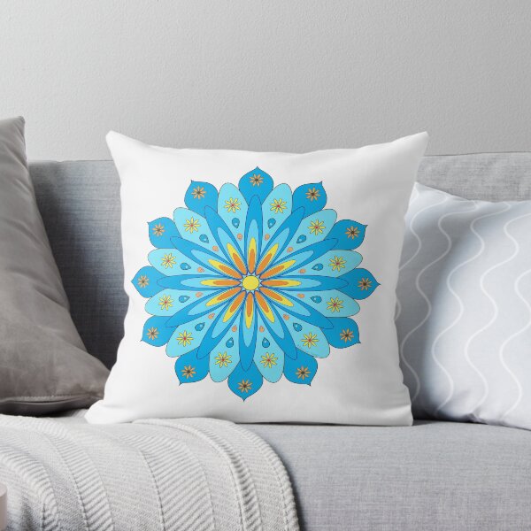 Mandala fleurs bleu, jaune, orange Coussin