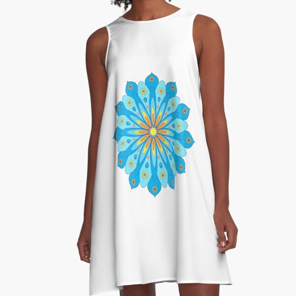 Mandala fleurs bleu, jaune, orange Robe trapèze