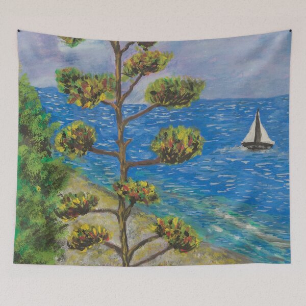 Item preview, Sea Landscape Watercolor Painting – Coastal Forest View designed and sold by pineappledizajn.