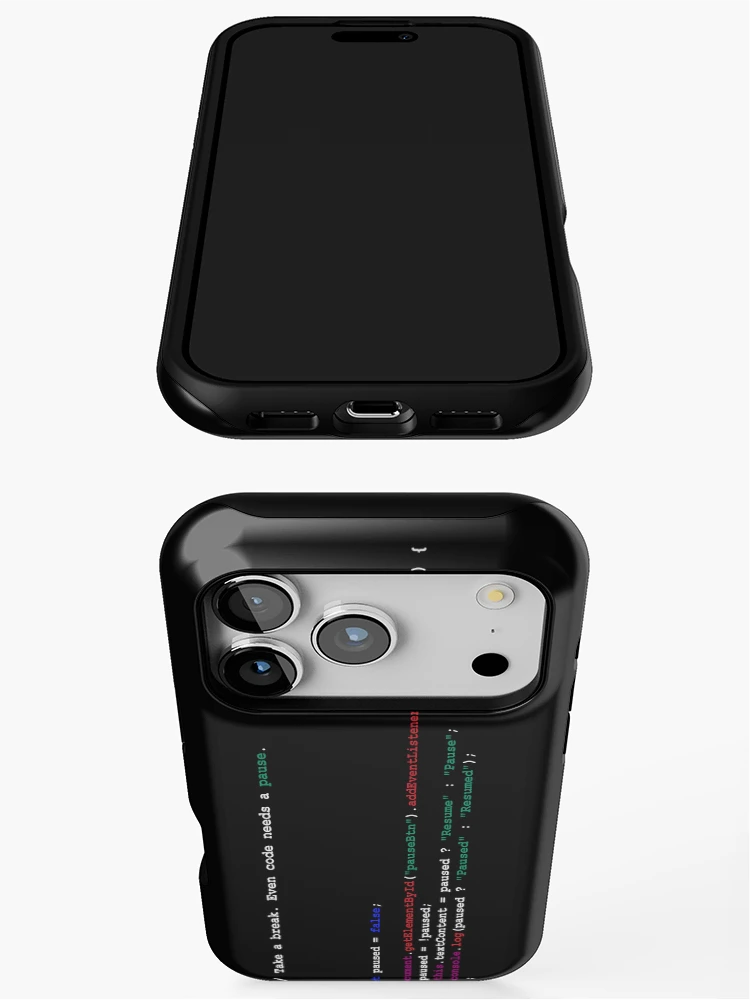 Thumbnail 3 of 4, iPhone Case, Pause Button – Real JavaScript Code for Real Breaks (black background) designed and sold by BatavianBrew.