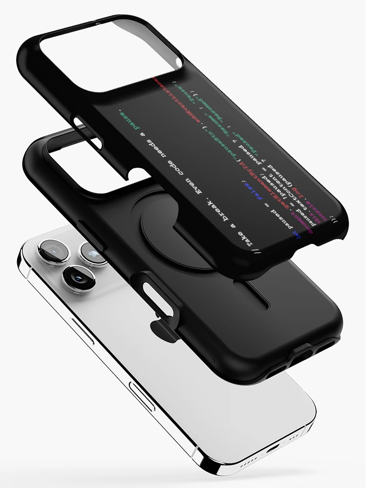 Thumbnail 2 of 4, iPhone Case, Pause Button – Real JavaScript Code for Real Breaks (black background) designed and sold by BatavianBrew.