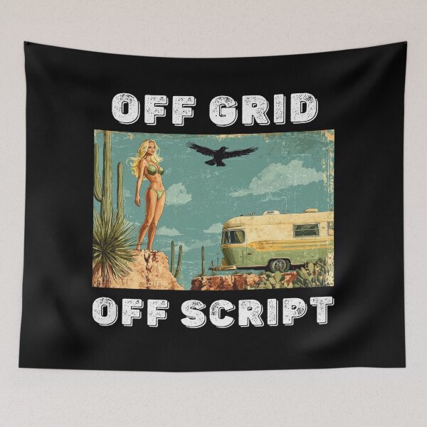 Item preview, Funny Sexy Off Grid Van Life T-shirt - Quote Off Grid Off Script , RV Life and Trailer Life Bold Retro Tee designed and sold by Psychoactive Circus Merch.
