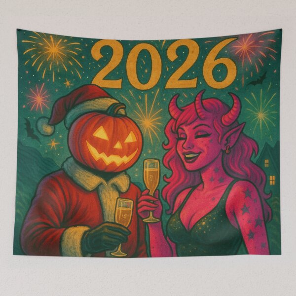 Item preview, Headless Horseman New Year 2026: Pumpkin Santa and Demon Girl Fireworks Art designed and sold by TheHorsemanRidesAgain.