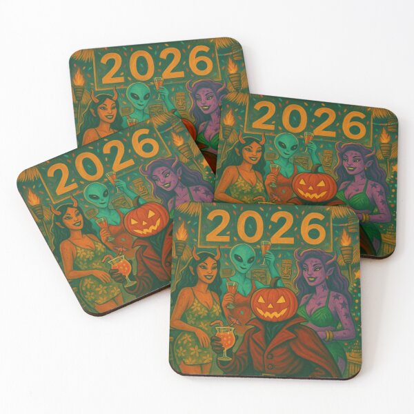 Item preview, Headless Horseman 2026 Tiki Party: Alien and Demon Girls Retro New Year Art designed and sold by TheHorsemanRidesAgain.