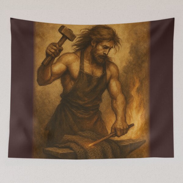 Item preview, Medieval Blacksmith at the Forge • Vintage Warrior Art designed and sold by fairmaiden7.