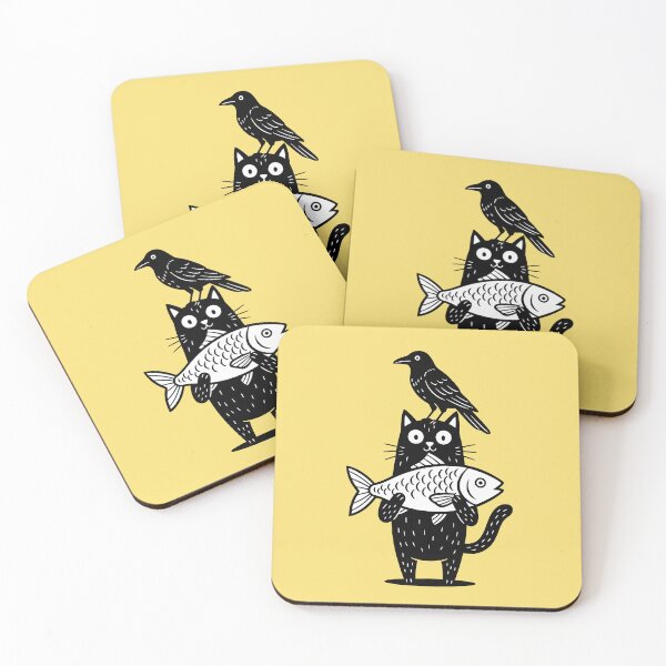 Item preview, Cat With Fish And Crow designed and sold by Funny Vintage Stickers And T-Shirts.