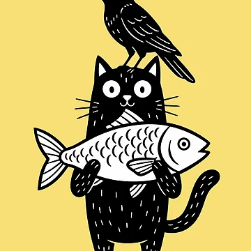 Artwork thumbnail, Cat With Fish And Crow by Funny Vintage Stickers And T-Shirts