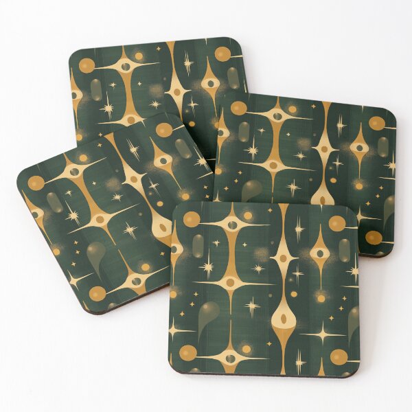 Item preview, Golden Starbursts & Teardrop Shapes on Deep Green – Tealight Tango designed and sold by The Print Parlor.