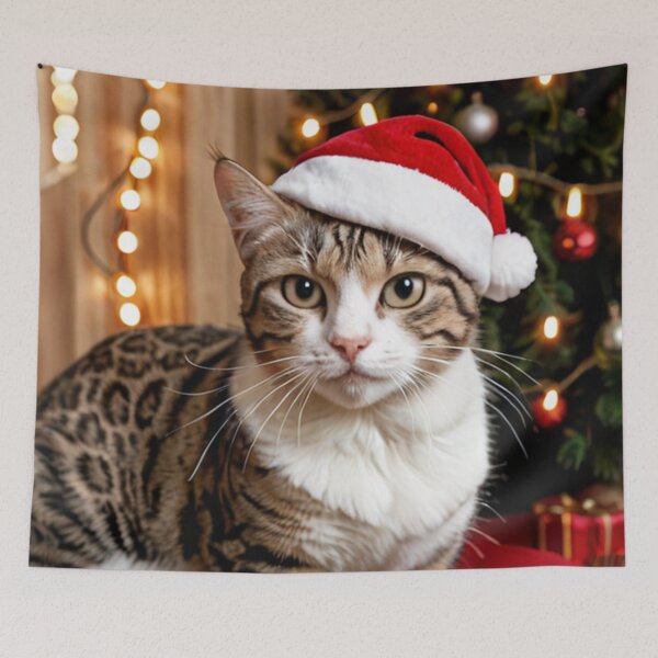 Item preview, Brown Tabby Cat with Santa Hat by Christmas Tree designed and sold by SassyArtistry.