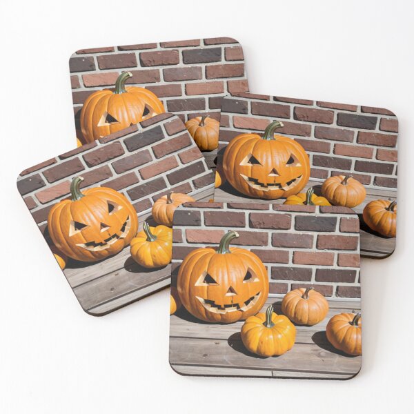 Item preview, Halloween Pumpkins on Wooden Table with Brick Wall designed and sold by SassyArtistry.