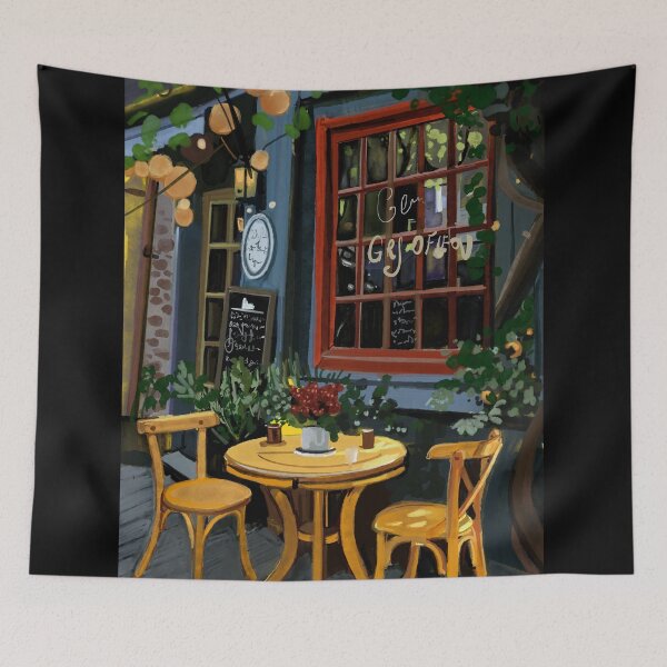 Item preview, Charming European Café Terrace Painting – Cozy Outdoor Coffee Art Print designed and sold by jassoart.