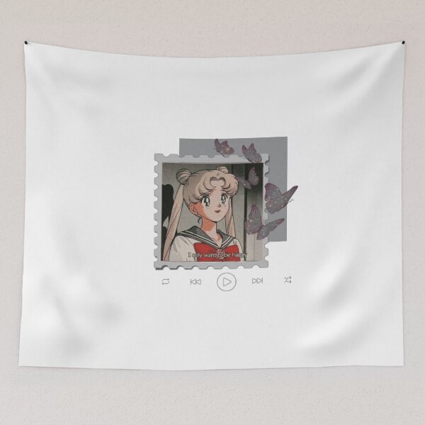 Item preview, I Just Want to Be Happy – Soft Animecore Collage with Butterfly, Quote & Music Player designed and sold by Sersery.