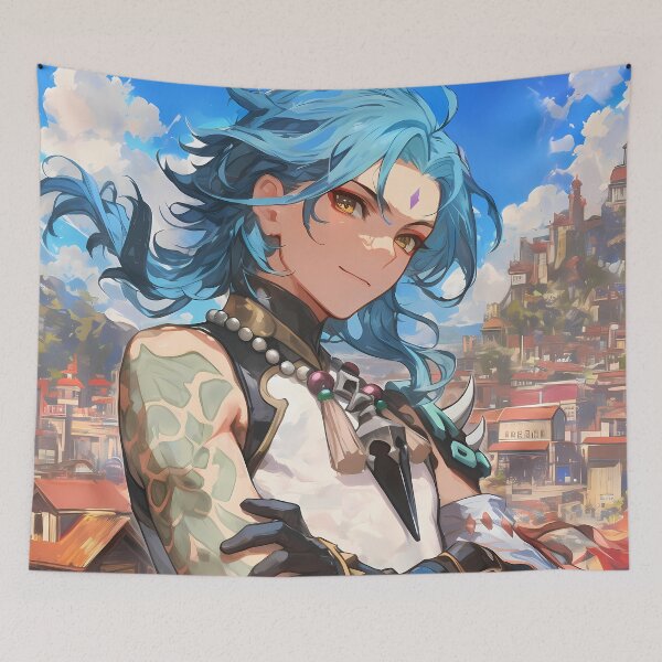 Item preview, Xiao Genshin Impact vigilant protector blue tattooed yaksha urban sky designed and sold by HumbertoValveno.