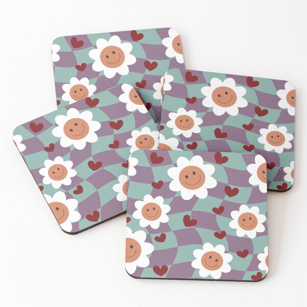 Item preview, Seamless groovy pattern featuring smiling white daisy flowers and small red hearts on a wavy checkerboard background designed and sold by Crispifly.