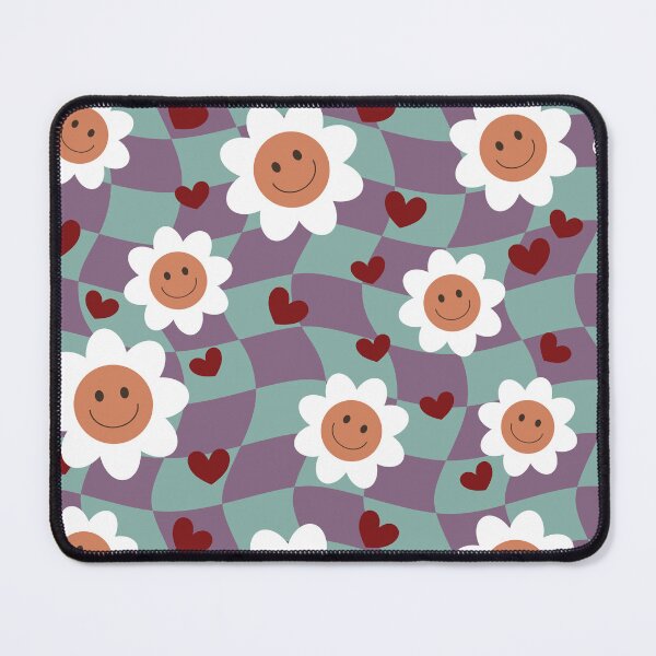 Item preview, Seamless groovy pattern featuring smiling white daisy flowers and small red hearts on a wavy checkerboard background designed and sold by Crispifly.