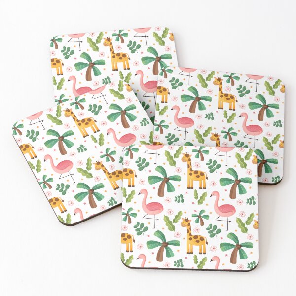 Item preview, Jungle Fever - Seamless animal pattern with giraffes, flamingos and coconut tree designed and sold by elleillustrart.