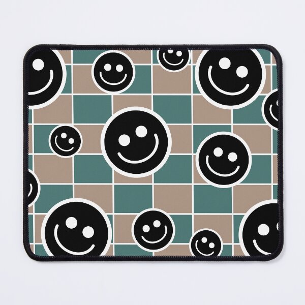 Item preview, Black and white smiley faces in various sizes float over a checkered pattern of teal and brown squares designed and sold by Crispifly.