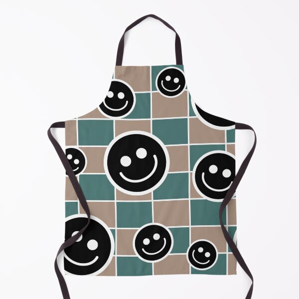 Item preview, Black and white smiley faces in various sizes float over a checkered pattern of teal and brown squares designed and sold by Crispifly.