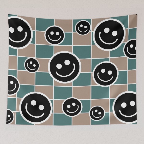 Item preview, Black and white smiley faces in various sizes float over a checkered pattern of teal and brown squares designed and sold by Crispifly.