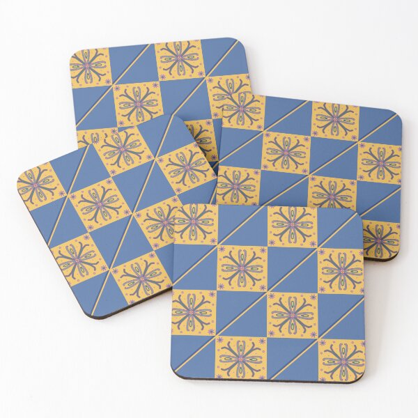 Item preview, Blue and mustard geometric floral Arabic tile designed and sold by Martapp.