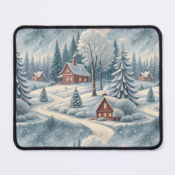 Item preview, Beautiful winter scene with snow flakes and wooden cabins designed and sold by Merrylands Artshop.