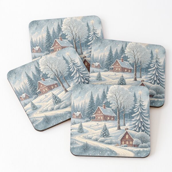 Item preview, Beautiful winter scene with snow flakes and wooden cabins designed and sold by Merrylands Artshop.