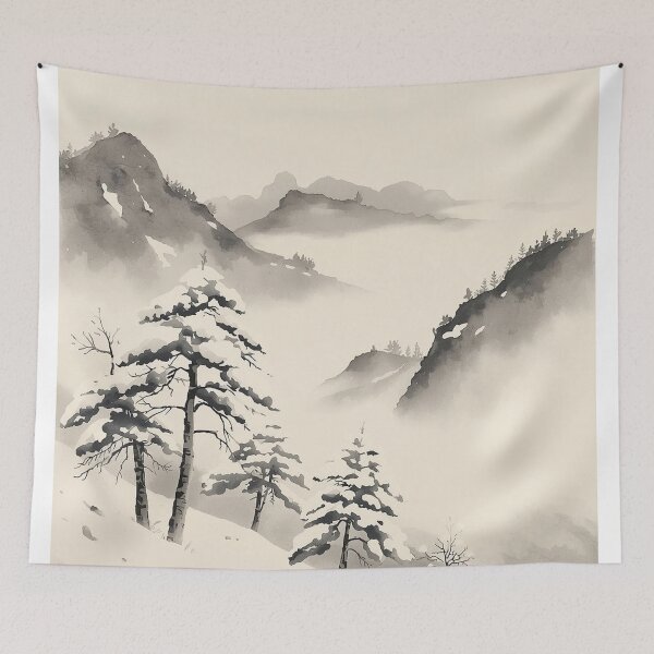 Item preview, Silent Pines in Snow – Ukiyo-e Sumi-e Ink Wash Winter Landscape designed and sold by Vandy Fullam.