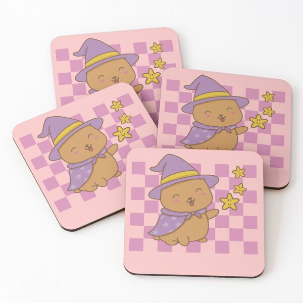 Item preview, Kawaii capybara in a witch Halloween costume with stars on a pink grid in pastel shades designed and sold by Martapp.